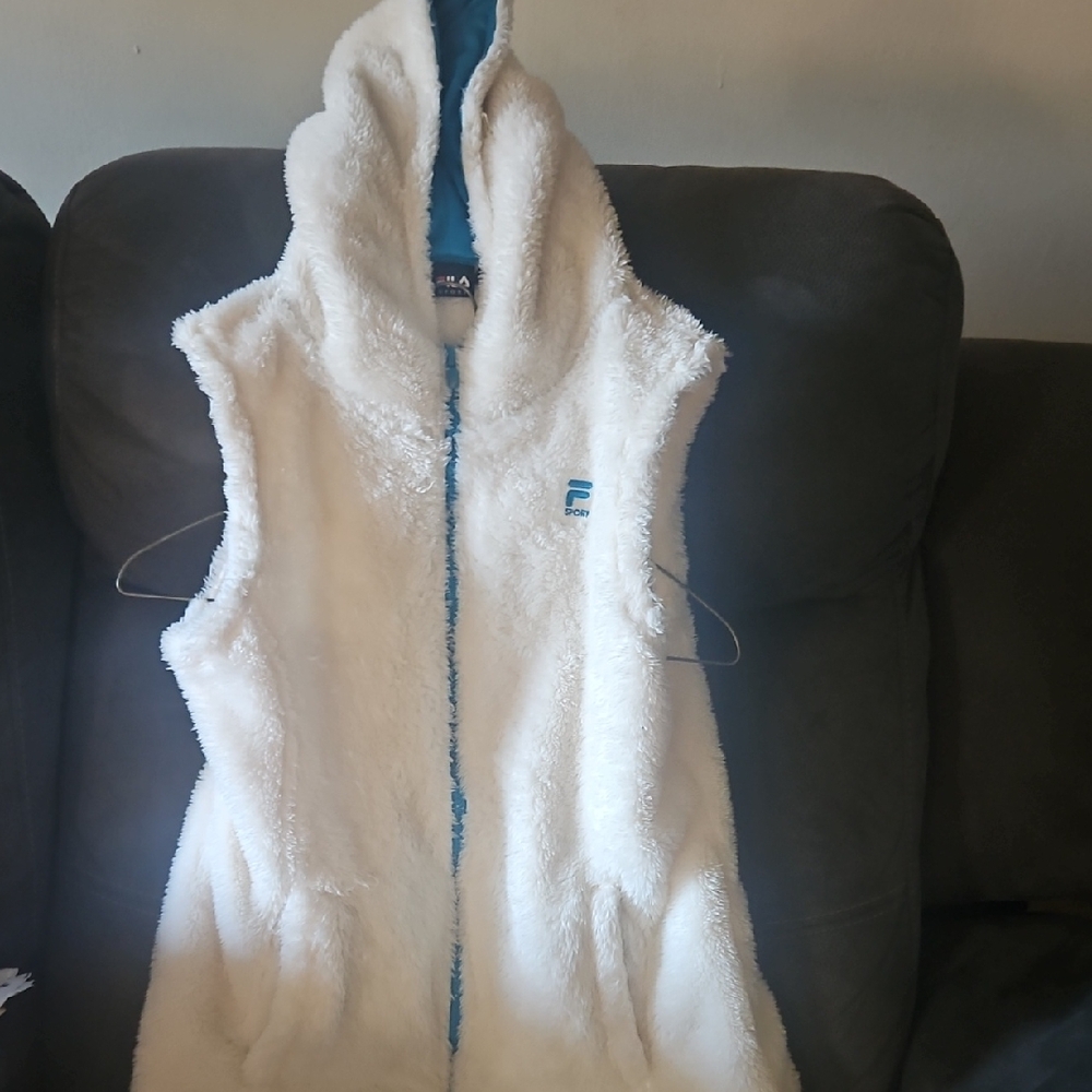 Fila Cream and Blue Hooded Fleece Vest